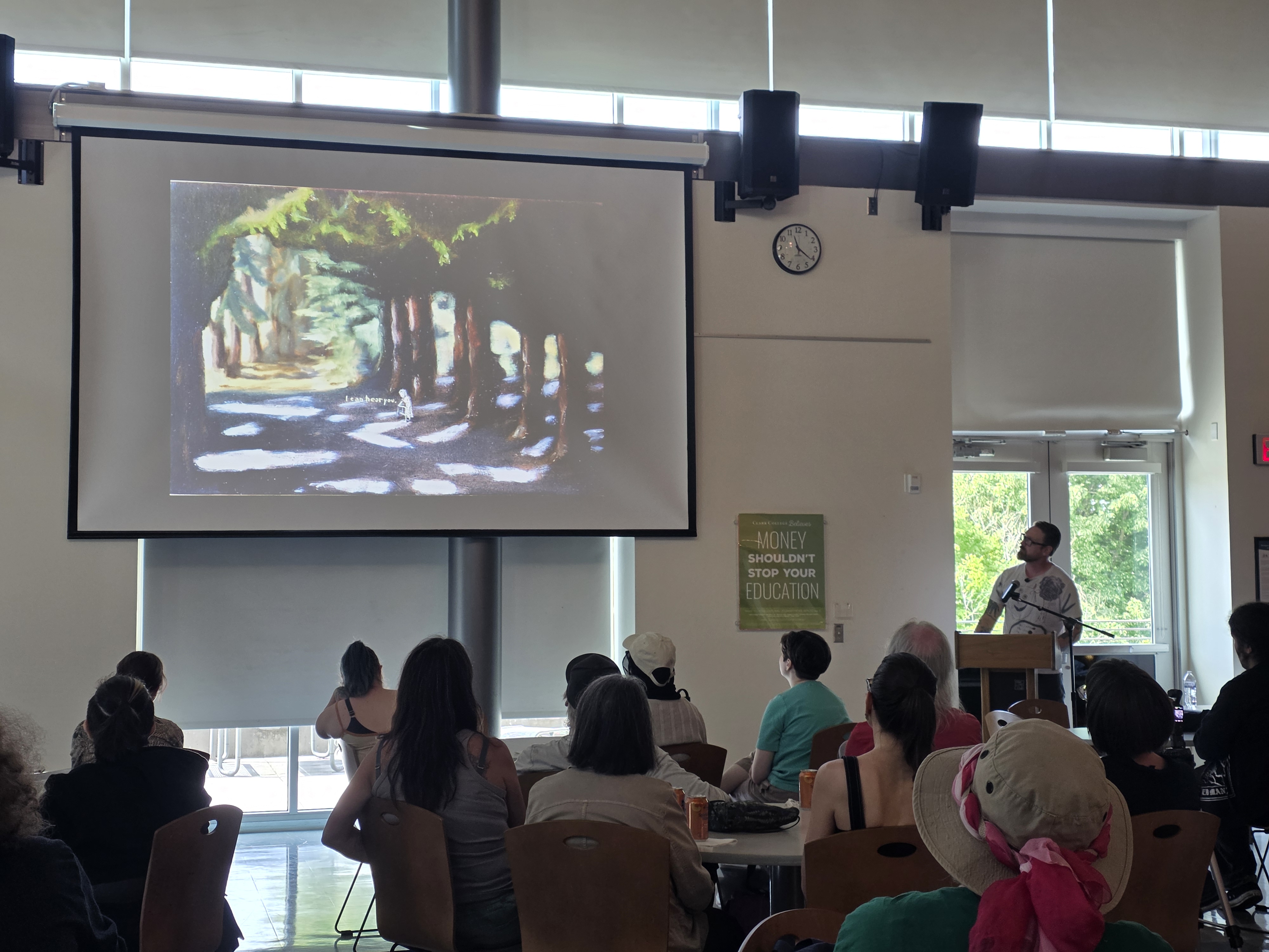 Dan Attoe presents to Clark students in PUB 161