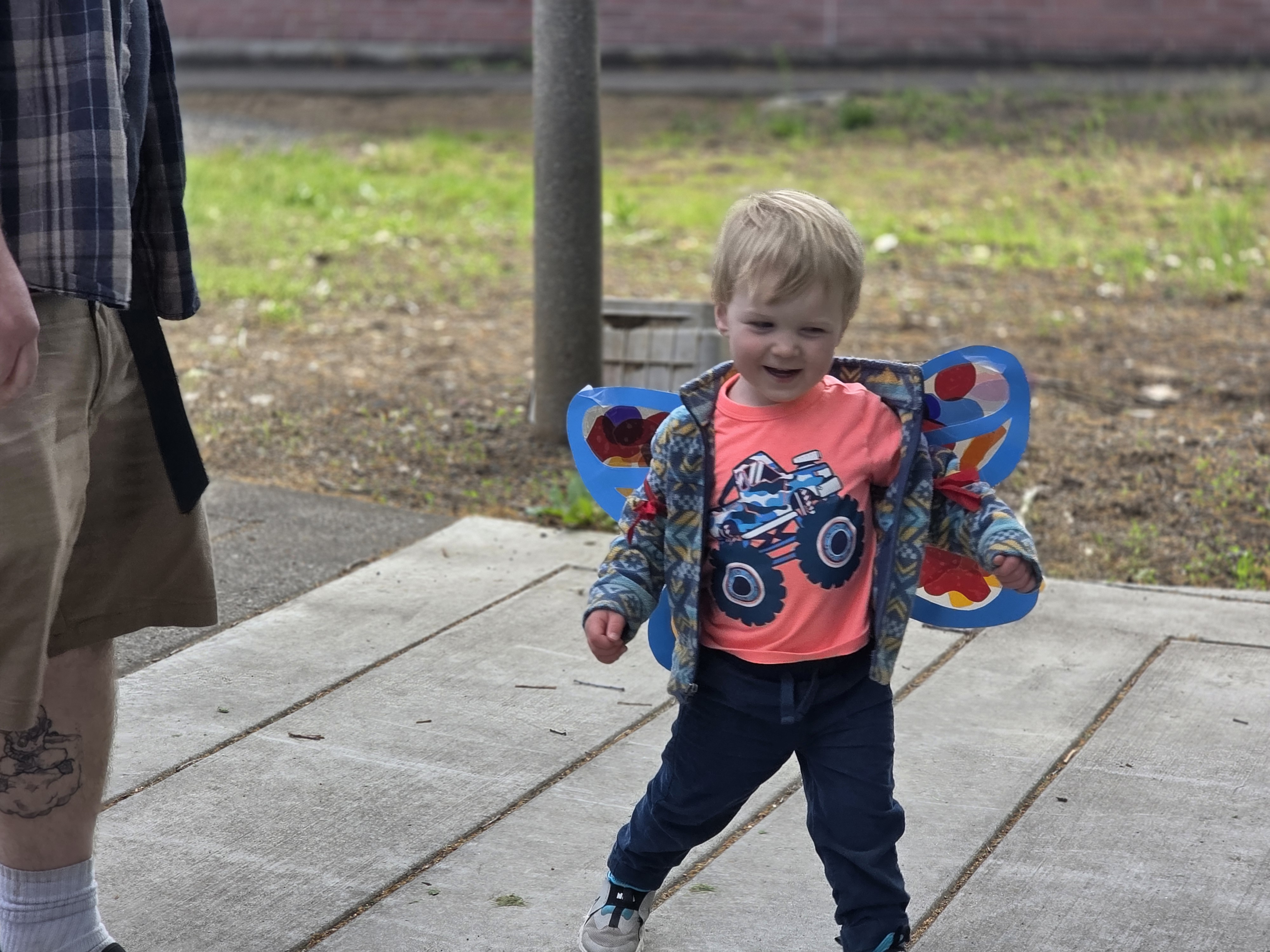 Little boy wearing blue butterfly wings