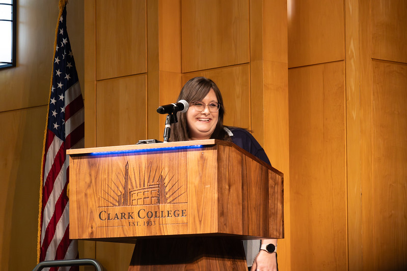 Tina Jenkins speaking at the podium during tenure reception