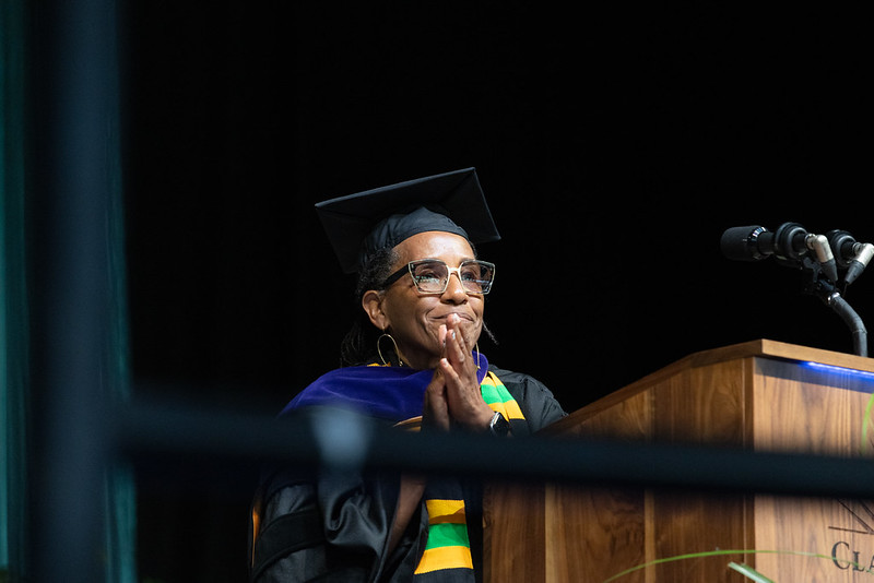 Chair Marilee Scarbrough at the podium during Commencement
