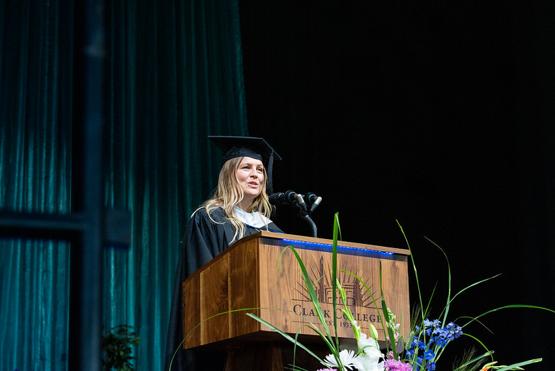 Professor Cydney Topping at the podium during Commencement