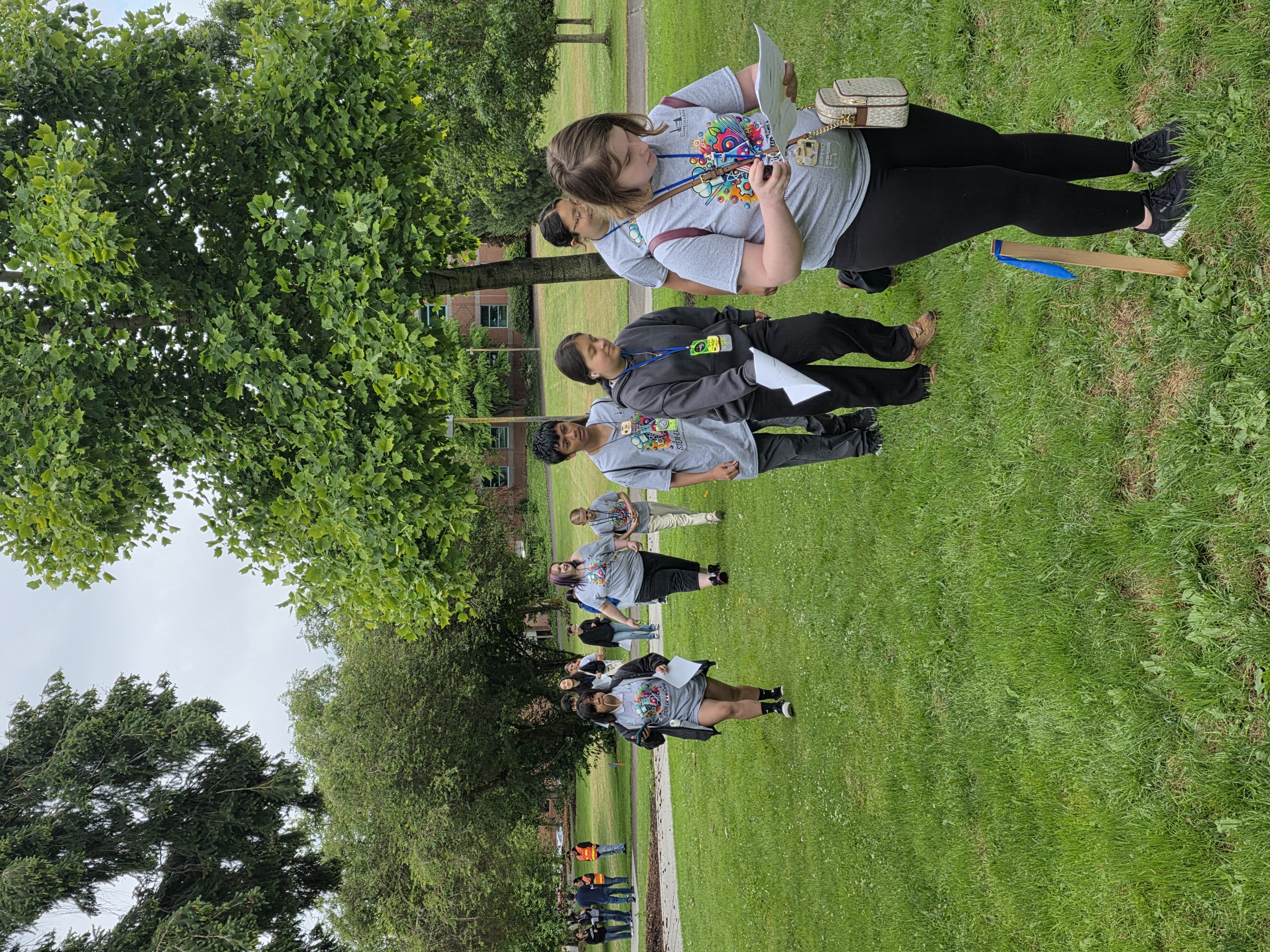 Students walk up a hill