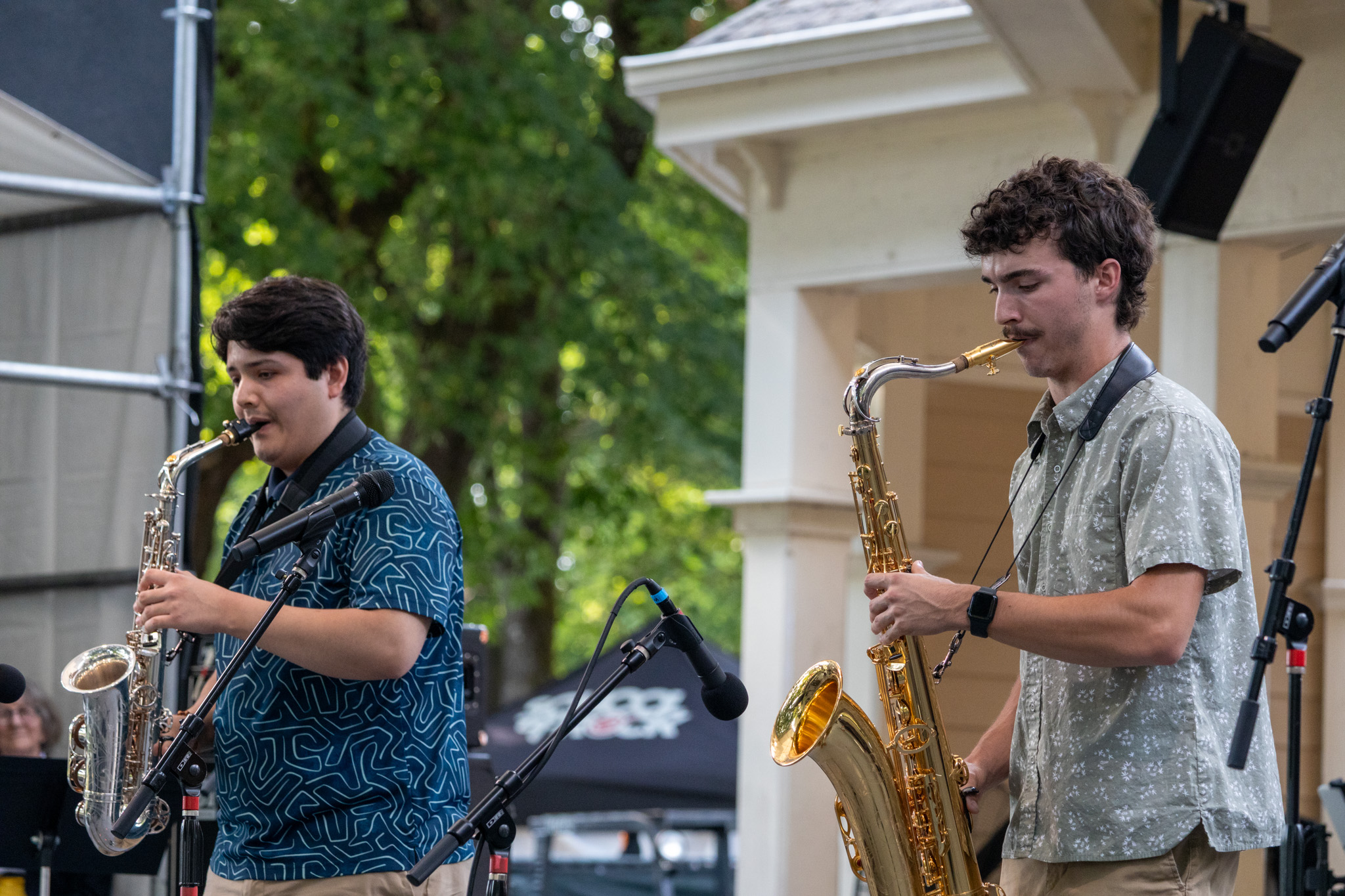 Two college students playing jazz musicians at an outdoor festival