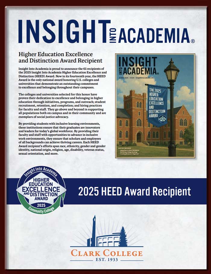 A flyer announcing Clark College as the recipient of the Insight Into Academia award, with details about the recognition.