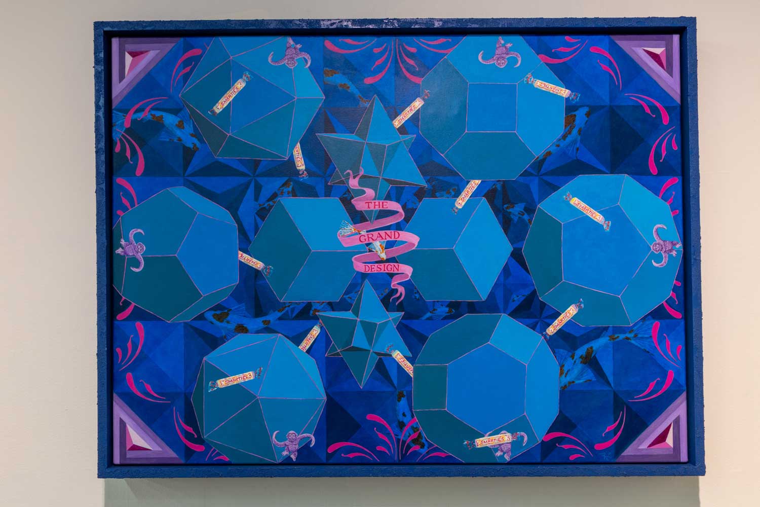 Artwork with a blue background, ten central shapes, and purple triangles in each corner.
