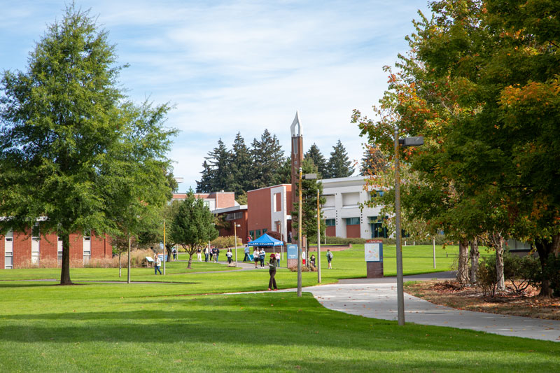 A view of the Clark College campus with buildings and outdoor walkways.