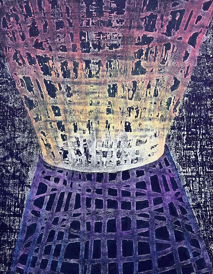 An etching of two vertical forms with overlapping grid patterns