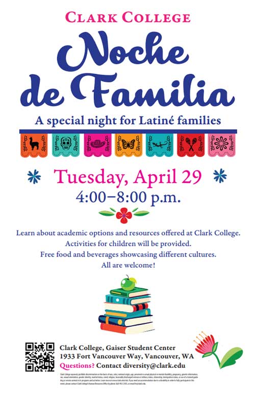 A flyer in English explaining Noche de Familia event details that will take place on April 29, 2025 in Gaiser Student Center from 4 p.m. to 8 p.m.