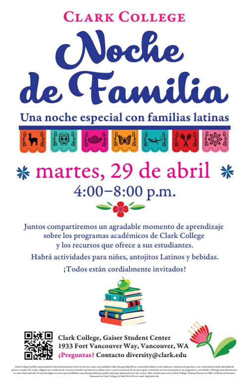 A flyer in Spanish explaining Noche de Familia event details that will take place on April 29, 2025 in Gaiser Student Center from 4 p.m. to 8 p.m.