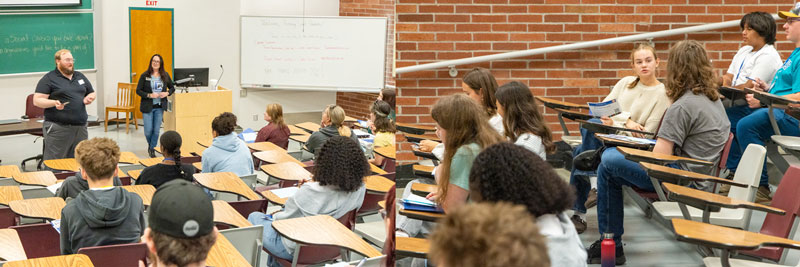 A side-by-side collage: on the left, a person speaks to students in a classroom while a professor stands at the back observing; on the right, students sit in their seats in a classroom, talking with one another.