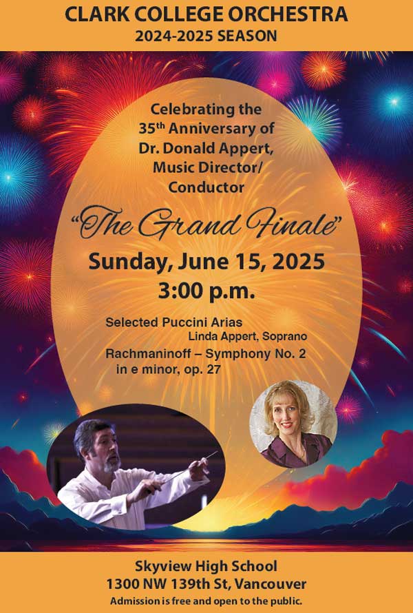 A flyer explaining Clark College Grand Finale Orchestra Concert event details that will take place on Sunday June 15, 2025 in Skyview High School at 3 p.m.