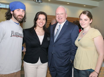 Students James Owens, ASCC President Amanda Mayoral, and ASCC Finance Director Nicole Porter stop for a picture with Richard Clarke following his afternoon lecture. 