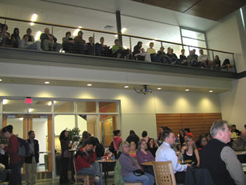 A standing-room-only crowd packed the Penguin Student Lounge for the spring 2008 Faculty Speaker Series discussion by Kathleen Perillo