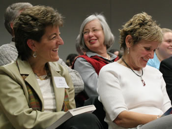 Clark College Foundation President Lisa Gibert and 2006 Clark College-YWCA Woman of Achievement Peggy Sheehan enjoy a light moment from Gergen's talk. 