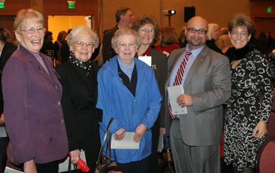 Jo Fuller, Clark swimming instructor and 1988 Woman of Achievement; Arlene Scarpelli, wife of the late Dr. Antonio Scarpelli; Clarissa Farnsworth, wife of the late Ted Farnsworth; former Clark College professor and athletic director Gaydena Thompson; Clark College Foundation Vice President of Development Ara Serjoie; and Clark College Foundation President/CEO Lisa Gibert at the 2009 Women of Achievement luncheon.