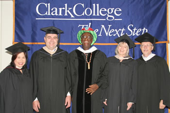 Board of Trustees Chair Rhona Sen Hoss, Clark College President Bob Knight, Keynote speaker Wally "Famous Amos" Amos, Board of Trustees Vice Chair Addison Jacobs, Trustee John White 